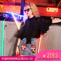 妖精的口袋Y甜美雪纺衫夏装黑色性感chic蕾丝系带衬衫女Q_1