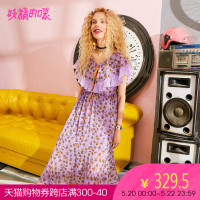 妖精的口袋Y荷叶袖裙子夏装荷叶边紫色碎花雪纺连衣裙女J_1