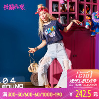 妖精的口袋Y夏装蕾丝破洞渐变水洗chic原宿宽松牛仔裤女J_1