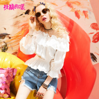 妖精的口袋Ychic上衣夏装复古木耳边荷叶袖纯棉衬衫女J_1