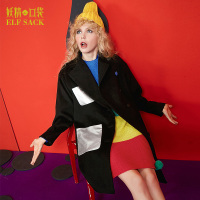 冬装女学生街头学院休闲撞色U贴袋毛呢大衣外套女长款