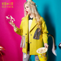 冬装学院风贴布绣拼接欧根纱保暖毛呢大衣外套中长款女