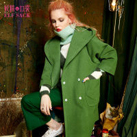 冬装简约通勤羊毛宽松双排扣长款九分袖连帽大衣毛呢外套女