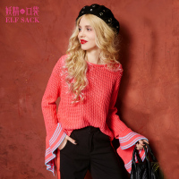 春秋装女士学院蝙蝠袖上衣撞色纱线条纹圆领套头毛衣女短款