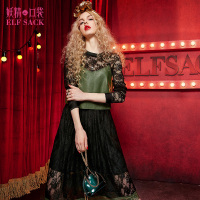 春秋装女复古蕾丝皮质两件套装长袖连衣裙中裙-