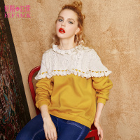 春秋装民族风木耳边针织提花罗纹上衣圆领拼接套头卫衣女-