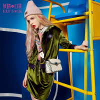 春装街头撞色抽绳织带装饰刺绣图案撞色罗纹套装两件套女