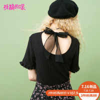 妖精的口袋Y套头薄衫秋装露背蝴蝶结甜美黑色针织衫女J_1