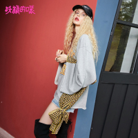 妖精的口袋Y卫衣女原宿风学生秋装波点格子撞色宽松上衣J_1