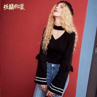 妖精的口袋Y针织衫秋装荷叶边复古通勤套头修身毛衣女J_1