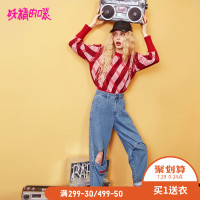 妖精的口袋Y休闲哈伦裤秋装破洞宽松纯棉水洗牛仔裤女潮J_1