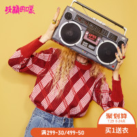 妖精的口袋Y通勤上衣早秋装红色格纹短款韩版套头毛衣女J_1
