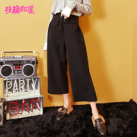 妖精的口袋Y通勤阔腿裤子秋装系带卫衣黑色休闲长裤女Q_1