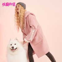 妖精的口袋Y森系毛呢大衣秋装粉色单排扣呢子外套女中长款R_1