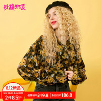 妖精的口袋Y上衣秋装女喵咪印花雪纺衬衫韩版女秋季衬衣J_1