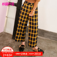 妖精的口袋Y阔腿裤秋季黄色格子休闲长裤纯棉通勤裤子女J_1