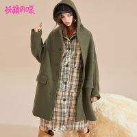 妖精的口袋Y毛呢大衣秋装军绿色连帽羊毛长袖呢子外套女R