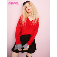 妖精的口袋Y套头衫女秋装V领短款宽松荷叶袖红色毛衣女J