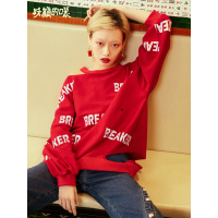 妖精的口袋Ychic早秋上衣套头红色原宿薄款卫衣中长款女N_1