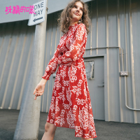 妖精的口袋Ya字裙秋裙女欧货红色碎花女式长袖连衣裙女Q