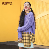妖精的口袋Y欧洲站秋款短款紫色套头衫女慵懒风毛衣宽松K_1