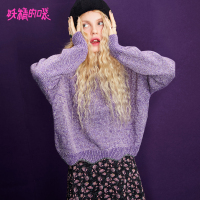 妖精的口袋Y毛衣秋装女短款通勤长袖宽松慵懒风紫色上衣J_1