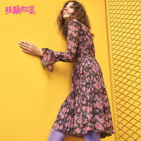 妖精的口袋Y百褶裙子秋装荷叶袖碎花a字裙收腰连衣裙女Q