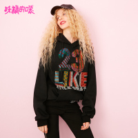 妖精的口袋Y薄款卫衣秋装黑色宽松慵懒风休闲连帽上衣女J_1