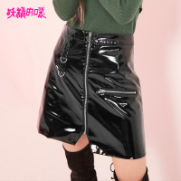妖精的口袋Y漆皮裙女黑色亮面短裙子早秋装气质半身裙女J_2