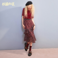 妖精的口袋Y套装秋女酒红色两件套修身时尚秋装显瘦套装J_2