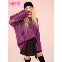 妖精的口袋Y网红毛衣休闲宽松秋装长袖套头紫色针织衫女J_2