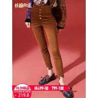 妖精的口袋Y秋季2018新款灯芯绒秋冬chic复古韩版学生修身裤子女J
