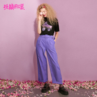 妖精的口袋紫米星空春季紫色打褶系腰带阔腿裤