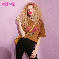 妖精的口袋 可可黑加仑 春季豹纹贴布字母印花短袖T恤