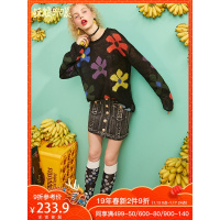 妖精的口袋春209新款女装圆领宽松针织衫印花中长款可爱慵懒毛衣