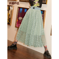妖精的口袋春209新款女装蕾丝纱中长半身裙子百褶裙鱼尾裙伞裙