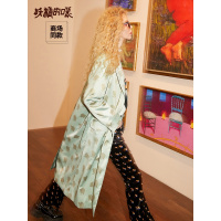 妖精的口袋春209新款女装中长款印花缎面风衣小个子气质休闲外套