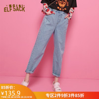 妖精的口袋松紧腰牛仔裤女2019春秋新款bf风欧货老爹裤宽松哈伦裤