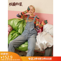 妖精的口袋背带牛仔裤2019秋季新款女减龄九分裤长裤chic直筒裤子