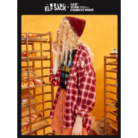 妖精的口袋学院风格红色纹衬衫2019秋季新款女卡通印花bf风上衣潮