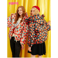 妖精的口袋莓印花工装连帽羽绒服女2019秋冬季新款学生韩版派克