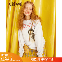 妖精的口袋白色印花圆领卫衣2019秋季新款宽松休闲短款上衣