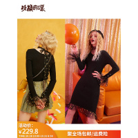 妖精的口袋网纱拼接长袖针织毛衣针织裙女2019秋新款修身打底上衣