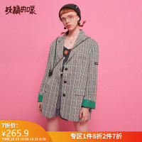 妖精的口袋英伦风复古格子西服2019秋季新款女中长款小西装外套潮
