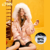 妖精的口袋亮面短款羽绒服2019冬季新款女连帽白鸭绒小个子外套