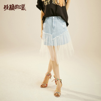 妖精的口袋牛仔裙半身裙a字款不规则网纱拼接2019夏季新款女短裙
