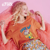 【新款】妖精的口袋竹节棉印花短袖T恤女2020夏季橘色v领宽松上衣