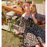 【新款】妖精的口袋小雏菊泡泡袖连衣裙女2020夏季显瘦黑色a字裙