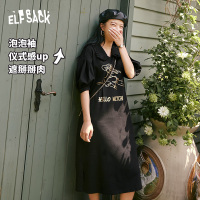 【新款】妖精的口袋黑色娃娃领连衣裙女2020夏季泡泡袖韩版a字裙