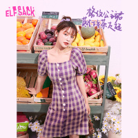 【新款】妖精的口袋赫本风格纹连衣裙女2020夏法式泡泡袖方领裙子